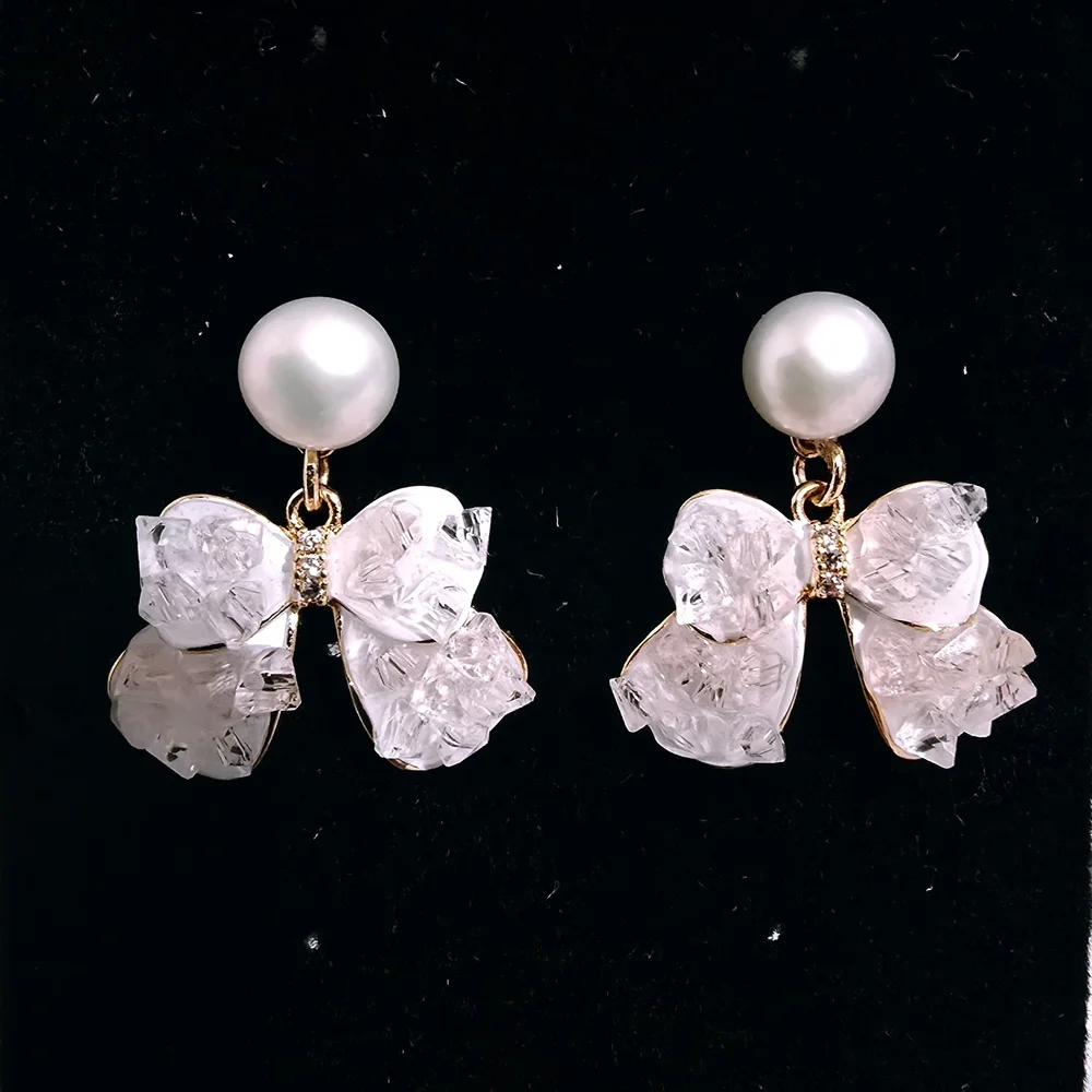 S925 Needle‎ Freshwater Pearl Gradient Light Pink Iced Crystal Butterly Earrings